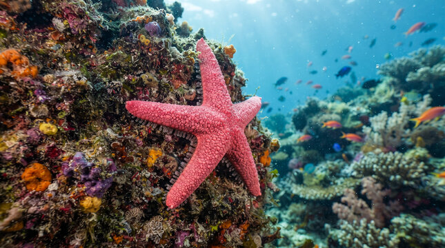 Estrella de mar rosa adherida a una roca marina rodeada de corales coloridos y peces tropicales en aguas cristalinas.