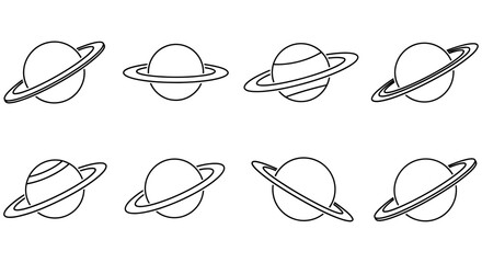 Planet with rings line art multiple perspectives on a white background © JOHIRUL_STUDIO