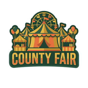 This vibrant illustration showcases a lively county fair setting, featuring a large tent, carnival rides, and festive stalls that invite excitement and joy.