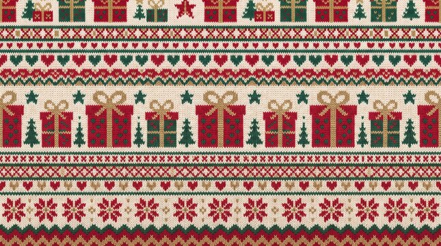 Christmas Fair Isle textile pattern with gift boxes and festive winter holiday motifs