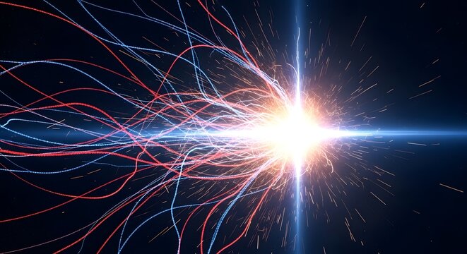 High-energy particle collision with bright explosion. Scientific experiment illustrating atomic and subatomic reactions in a high-tech laboratory s...