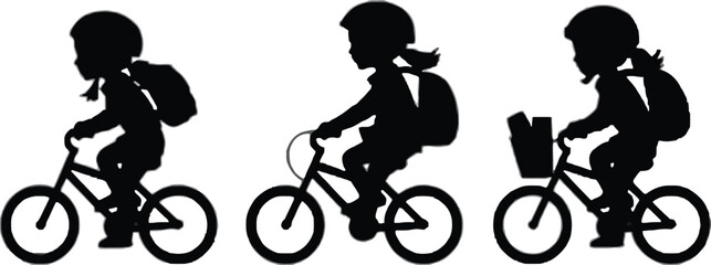Obraz premium Three black silhouettes of school children riding bicycles, wearing helmets and backpacks, isolated on a white background