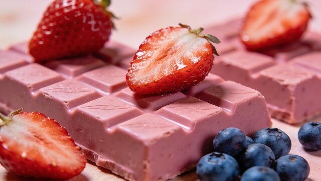Pink ruby chocolate bars beautifully garnished with fresh strawberries and blueberries, creating a colorful, elegant, and appetizing sweet treat perfect for desserts, celebrations, gifts, and food pho