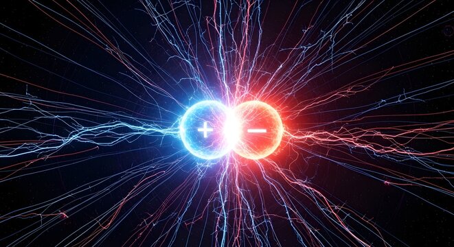 Atomic particles colliding with energy. Positive and negative charges in fusion reaction.