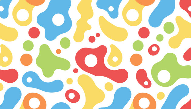 Playful seamless pattern filled with organic fluid shapes and colorful spots over a clean white background.