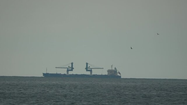 Large cargo ship crosses distant horizon while gulls fly above calm ocean waters. Long distance telephoto static shot.