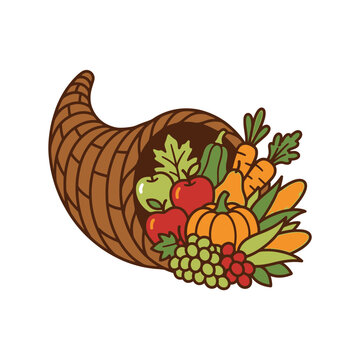 Colorful cartoon illustration of a traditional Thanksgiving cornucopia filled with fresh autumn harvest fruits and vegetables.