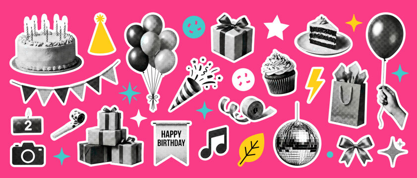Birthday Party Halftone Sticker Set Vector Cake Balloon Pink Pack