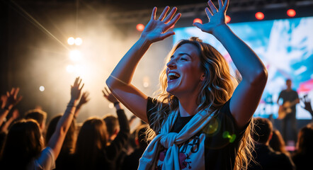 Fototapeta premium Happy blonde woman cheering with raised hands at an outdoor music festival. Excited female fan laughing in a crowd at a live concert