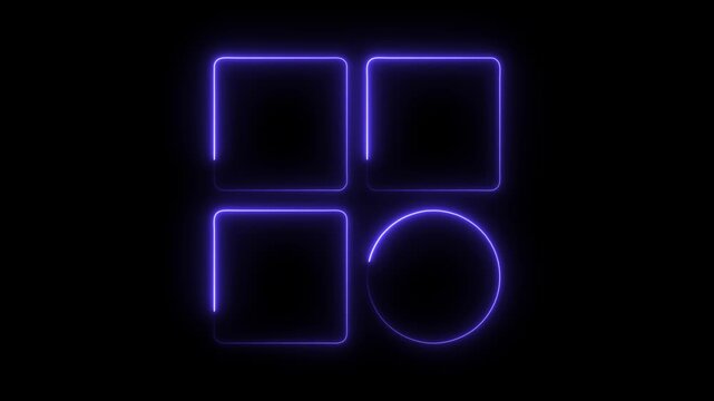 Animated purple neon shapes square circle grid glow on black background
