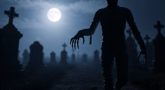 Mummy walking through a graveyard under a full moon. Spooky Halloween scene with tombstones and undead monster in a cemetery at night