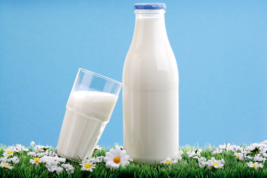 Milk bottle and glass of milk, close-up