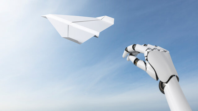 Robot hand throwing paper plane, 3D Rendering