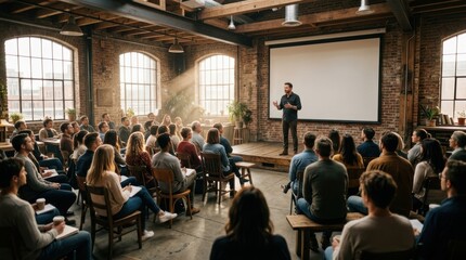 Obraz premium Speaker giving presentation to audience in industrial loft office
