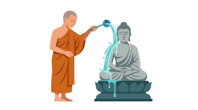 Buddhist monk performing a ritual by pouring water over a Buddha statue.