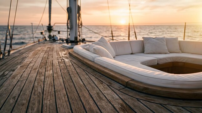 Luxury yacht teak deck with white lounge cushions at sunset on the open ocean.