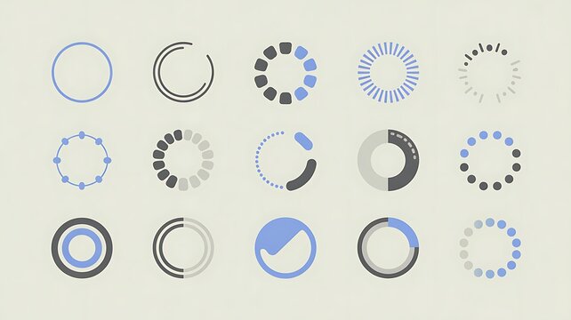 Circular loading progress spinner icon set isolated on web interface background. Minimal buffering processing animation elements. Design symbols for software applications, mobile UI, UX, PNG