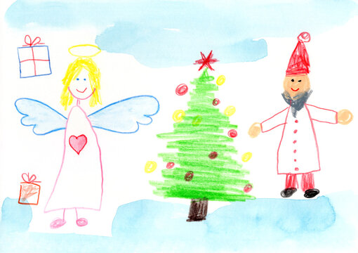 A colorful children's drawing shows an angel and a Christmas tree