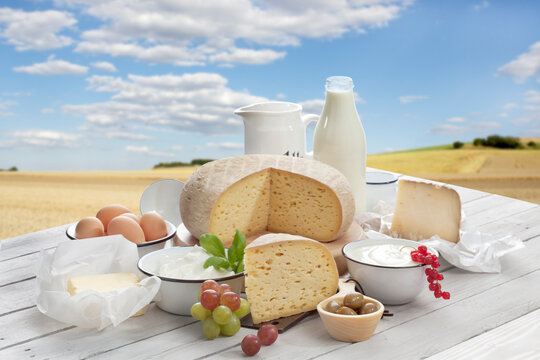 Dairy products on wooden table