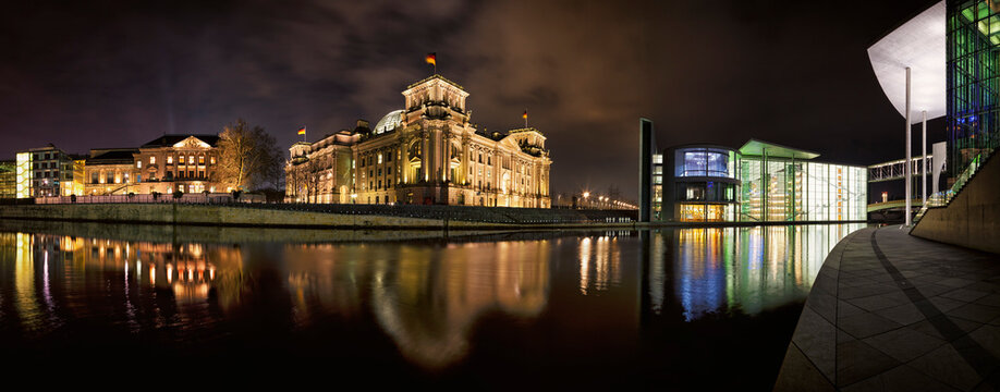 Germany, Berlin, View of Reichstag and Paul-Loebe Building at night