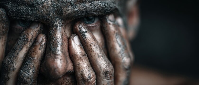 A close-up of a man's face covered in dark grime with his hands partially covering his eyes against a dark background.