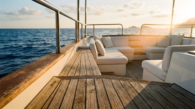 Teak deck and luxury yacht seating at sunset on the open ocean