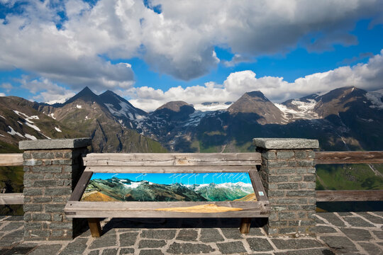 Austria, Grossglockner, Information board, Mountain scenery in background