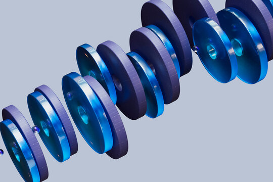 Abstract 3D render features a diagonal row of futuristic blue shapes