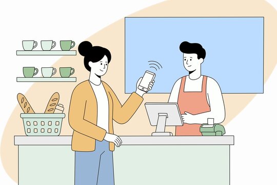 Customer making contactless payment with smartphone at cafe