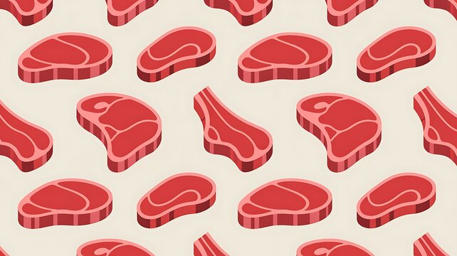 Seamless raw beef steak pattern, flat 2D illustration, fresh red beef cuts and ribeye steaks arranged evenly
