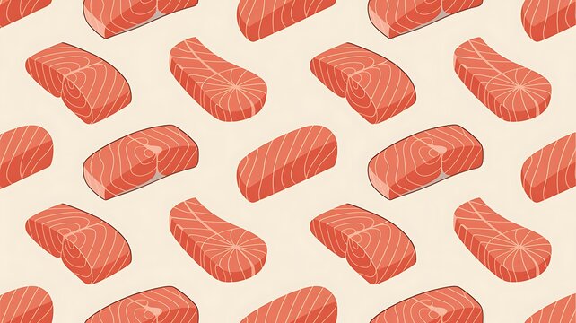 Seamless raw salmon pattern, flat 2D illustration, fresh pink salmon fillets and slices arranged evenly