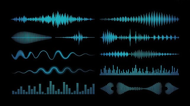 Sound wave set on transparent background. Sound waves equalizer audio waves radio signal music recording. Design element for compositing, overlay, broadcast PNG