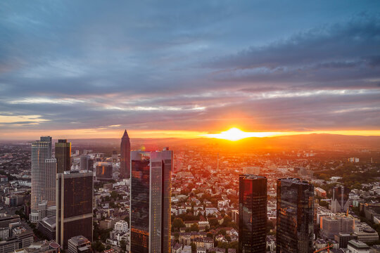 Germany, Frankfurt, city view at sunset seen from above