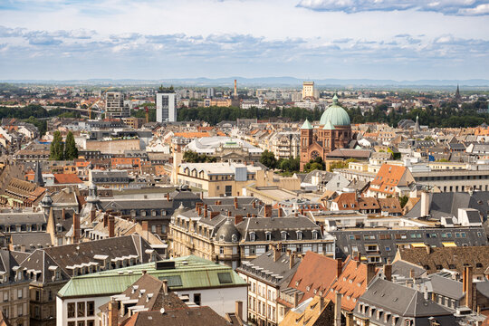 Aerial view of Strasbourg with Saint Pierre le Jeune church in France