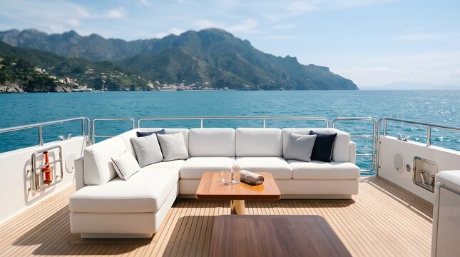 White lounge sofa on luxury yacht deck with ocean view and mountain landscape background