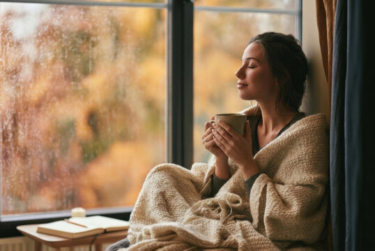 Peaceful Woman Relaxing with Hot Drink by Window on Rainy Autumn Day