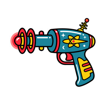 Retro futuristic ray gun toy with atomic symbol sci-fi weapon sticker vector illustration