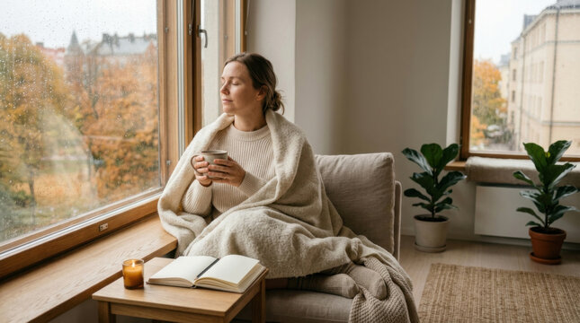 Serene Woman Relaxing in Armchair near Window on Rainy Autumn Day