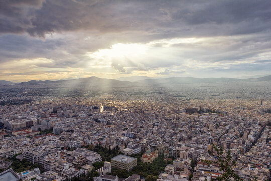 Greece, Attica, Athens, View from Mount Lycabettus over city
