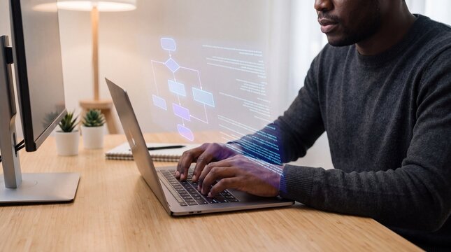 A Focused Individual Engaged in Programming or Software Development, Surrounded by Modern Technology and Flowcharts Representing Complex Data Flow Concepts