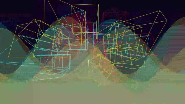 Abstract 3D Shifting Wireframe Cubes in Glitch Art Aesthetic Background.