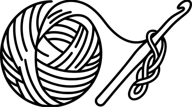 Simple line art illustration of a ball of yarn and a crochet hook