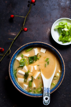 Miso soup, silken tofu, wakame seaweed, spring onion