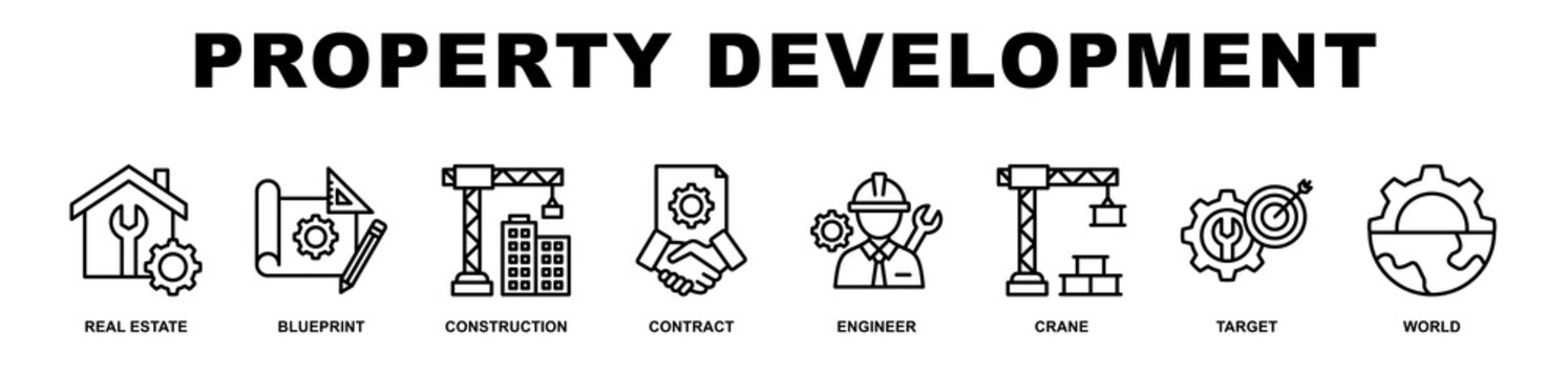 Property Development banner web icons set vector illustration outline style.