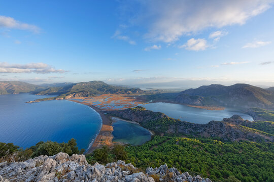 Turkey, Dalyan, Iztuzu beach with Dalyan Delta and lake Sueluenguer Goelue
