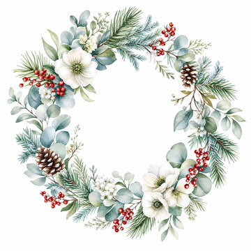 Watercolor winter wreath clipart. Christmas floral frame with white flowers, pine branches, and red berries isolated on white background. Holiday border for greeting cards