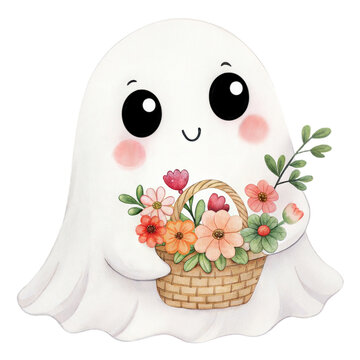 Cute watercolor illustration of a friendly ghost holding a flower basket isolated