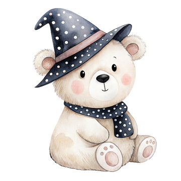 Cute watercolor illustration of a friendly teddy bear wearing a wizard hat isolated