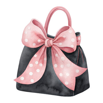 Cute watercolor illustration of a stylish handbag with a pink bow isolated