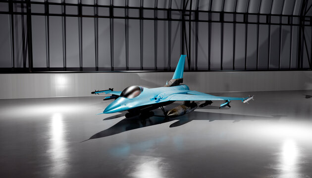 Modern blue fighter jet parked inside a spacious indoor hangar